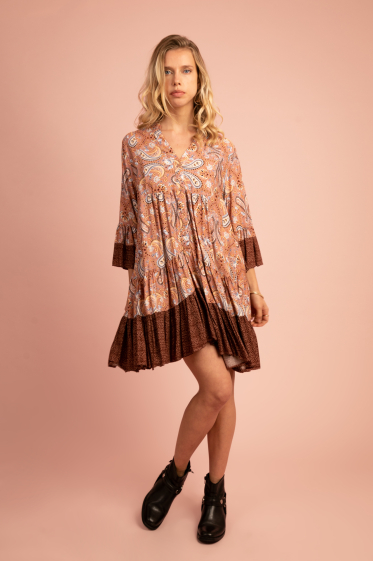 Mayorista Last Queen - Vestido camisero tipo túnica con escote de pico, estampado bohemio