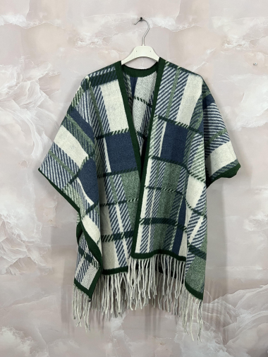 Wholesaler LINETA - PON-11 Poncho with plaid pattern fringe