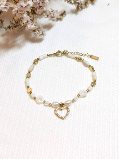 Mayorista Lolilota - pulsera de acero inoxidable con dije de corazón de strass y nácar