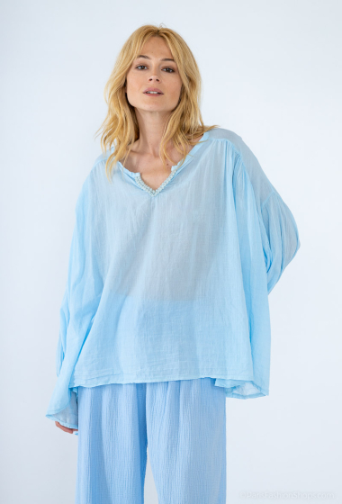 Großhändler LUMINE - Bluse aus Baumwoll-Voile mit V-Ausschnitt