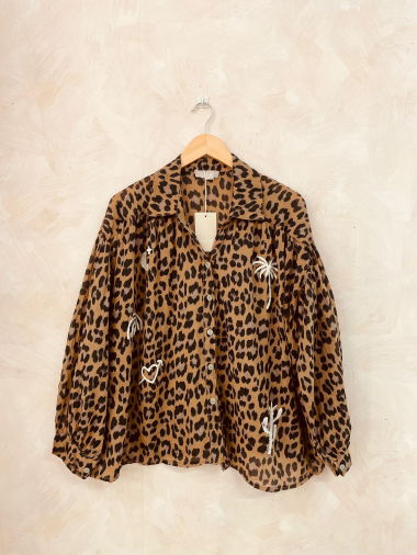 Mayorista LUMINE - Camisa de algodón con estampado de leopardo y bordado