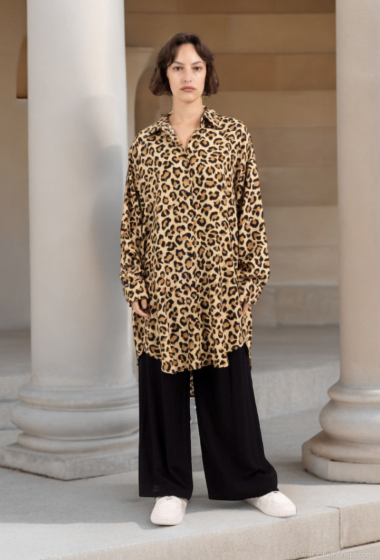 Wholesaler Lusa Mode - Leopard print shirt and pants set with linen-like fabric