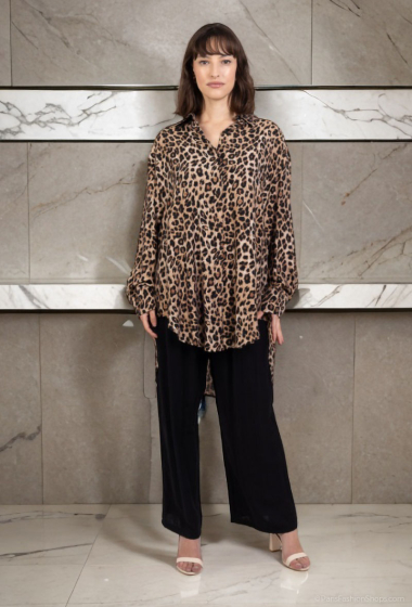 Wholesaler Lusa Mode - Leopard print shirt and pants set with linen-like fabric