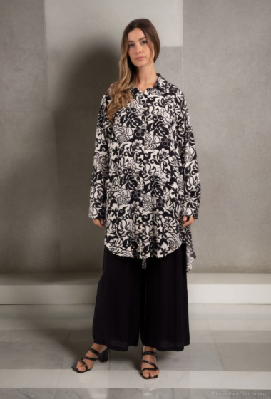 Wholesaler Lusa Mode - Shirt and pants set with linen-like fabric and striped print