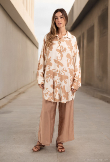 Wholesaler Lusa Mode - Shirt and pants set with linen-like fabric and abstract print