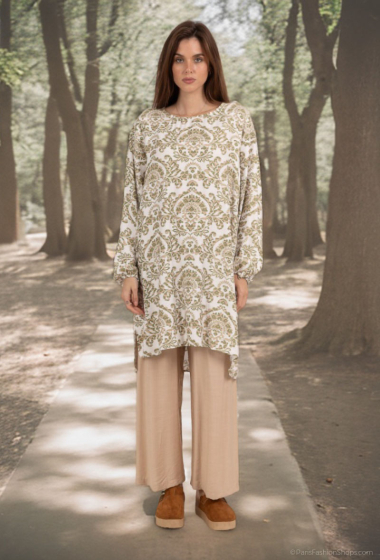 Wholesaler Lusa Mode - Tunic and pants set with linen-like fabric and original print