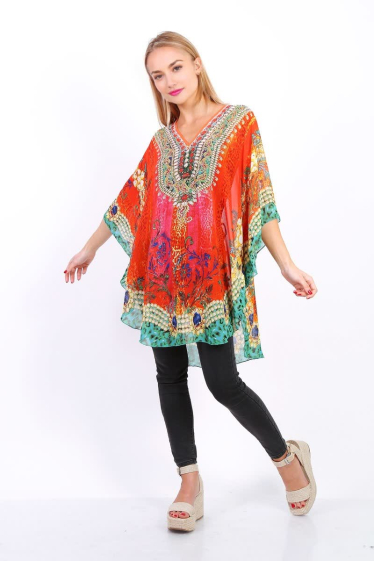 Wholesaler Lusa Mode - Printed poncho with rhinestones