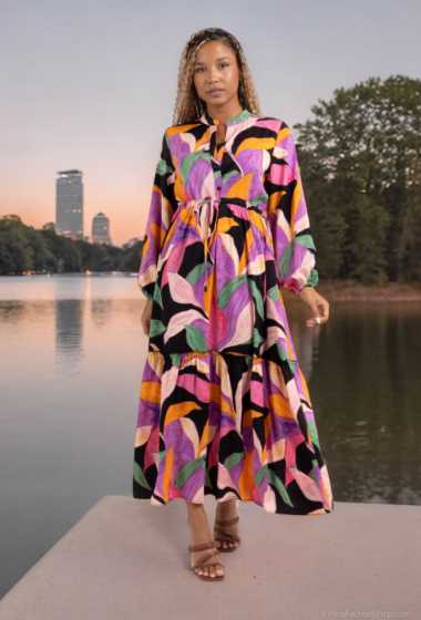 Wholesaler Lusa Mode - Long sleeve tropical print maxi dress