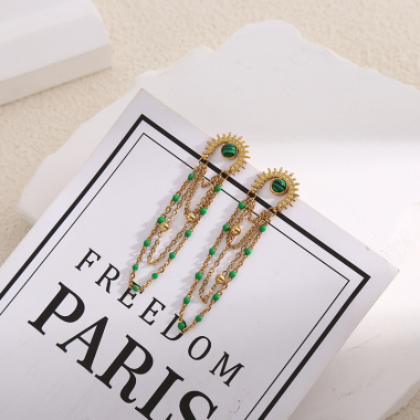 Grossiste Eclat Paris - Boucles d'Oreilles Dorées Eclat Avec Pierres Malachite Et Chaînes Vertes