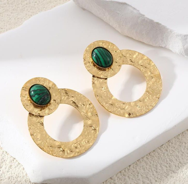 Grossiste Eclat Paris - Boucles d'Oreilles Dorées Martelées Avec Pierres Malachite