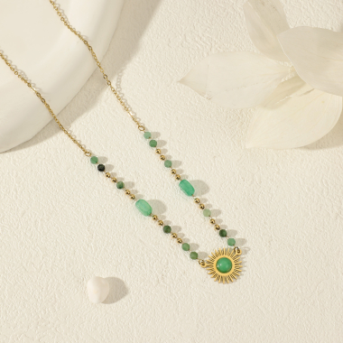 Wholesaler Eclat Paris - Golden Chain Necklace Green Jade Stone Sun Pendant