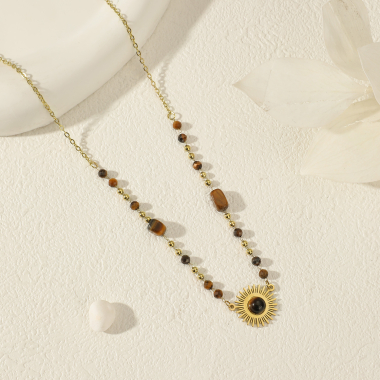 Wholesaler Eclat Paris - Golden Chain Necklace Tiger's Eye Stone Sun Pendant