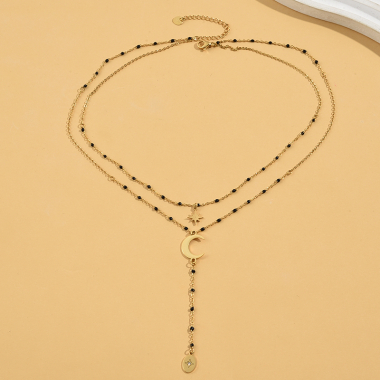 Wholesaler Eclat Paris - Gold Double Chain Necklace Black Enamel With Star And Moon Y Pendants