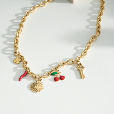 Wholesaler Eclat Paris - Gold mesh necklace with sun and cherry pendant