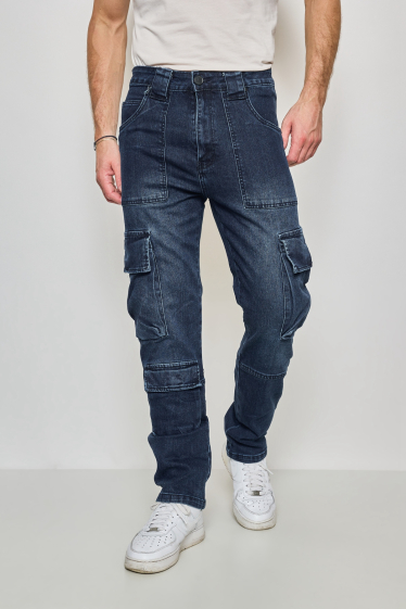 Grossiste Mentex Homme - Jean cargo homme coton effet délavé bleu multi-poches