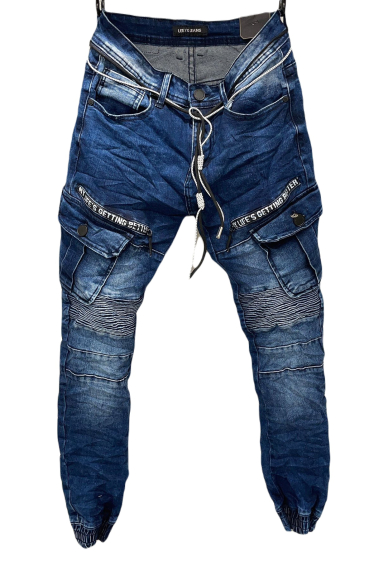 Wholesaler Mentex Homme - Men's slim blue cargo style jeans with faded effect