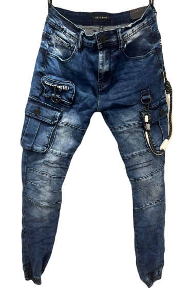 Großhändler Mentex Homme - Schmale blaue Herrenjeans im Cargo-Stil mit verblasstem Effekt