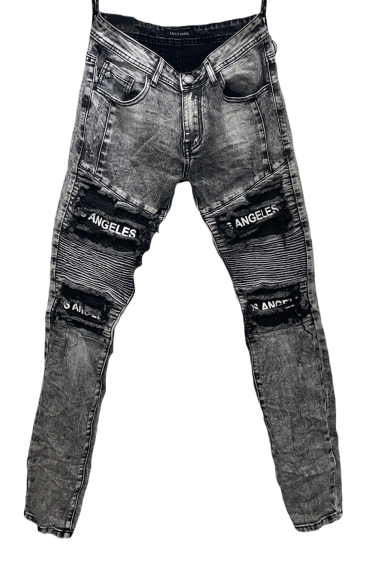 Grossiste Mentex Homme - Jeans homme slim gris effet plissé troué délavé