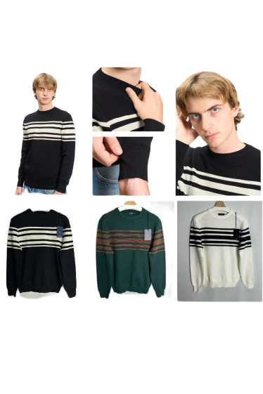 Wholesaler Mentex Homme - Men's two-tone striped sweater with round neck and long sleeves