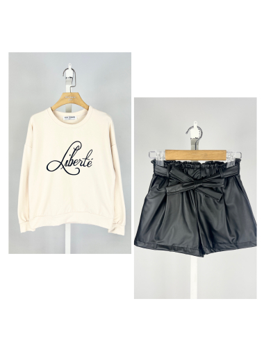 Großhändler Mini Mignon Paris - Set aus Baumwollfleece-Sweatshirt und mit Kunstleder gefütterten Shorts für Mädchen