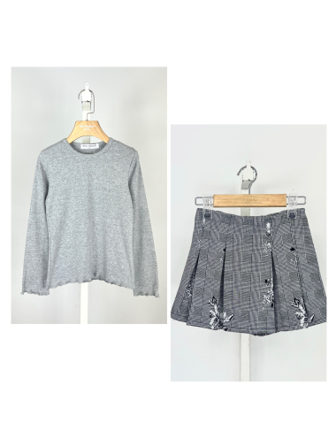 Wholesaler Mini Mignon Paris - Long-sleeved t-shirt and pleated skort set for girls