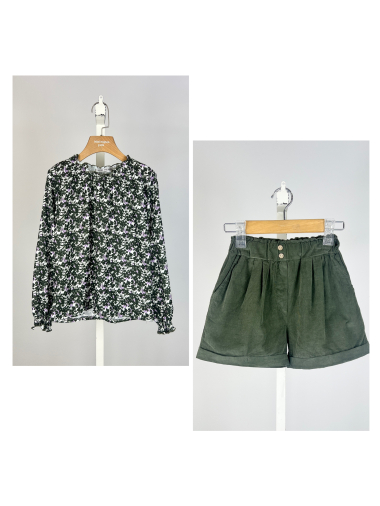 Großhändler Mini Mignon Paris - Set aus geblümtem Oberteil und Cordshorts für Mädchen