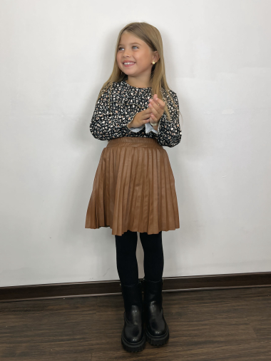 Grossiste Mini Mignon Paris - Ensemble top fleuri liberty et jupe plissée en similicuir pour fille