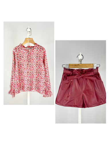 Großhändler Mini Mignon Paris - Set aus Oberteil mit Liberty-Blumenmuster und Shorts mit Kunstlederfutter für Mädchen