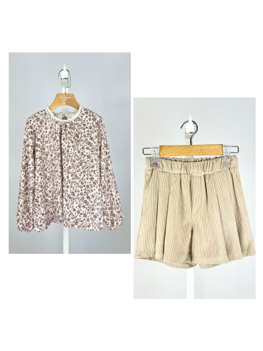 Großhändler Mini Mignon Paris - Set aus Liberty-Blumenoberteil und dicken Cordshorts für Mädchen