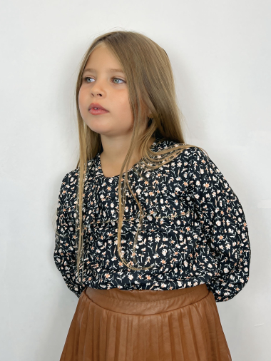 Grossiste Mini Mignon Paris - Top imprimé fleuri liberty, à volants et liseré doré pour fille