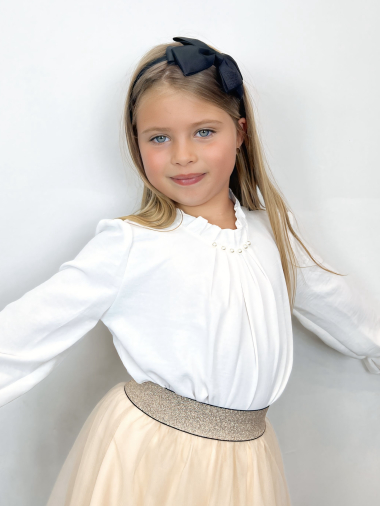 Wholesaler Mini Mignon Paris - Long-sleeved top with ruffles and pearls for girls