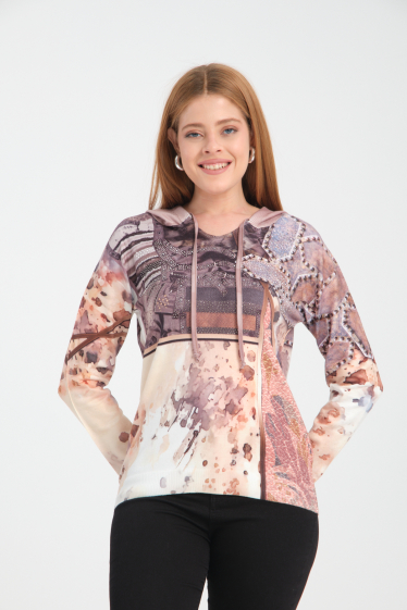 Wholesaler Missy Tekstil - PRINTED HOODED SWEATER WITH STRASS