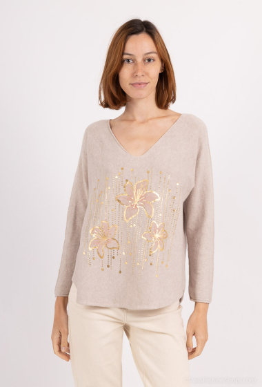 Grossiste Mooya - Pull col V imprimé dorée fleurs