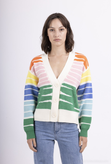 Grossiste MOZZAAR FOREVER - Gilet pull laine, manche longue, rayure couleurs