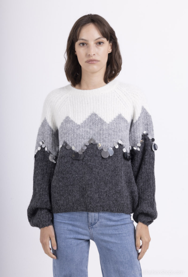 Grossiste MOZZAAR FOREVER - Pull laine mohair col ronde , bi couleur, avec vague paillette