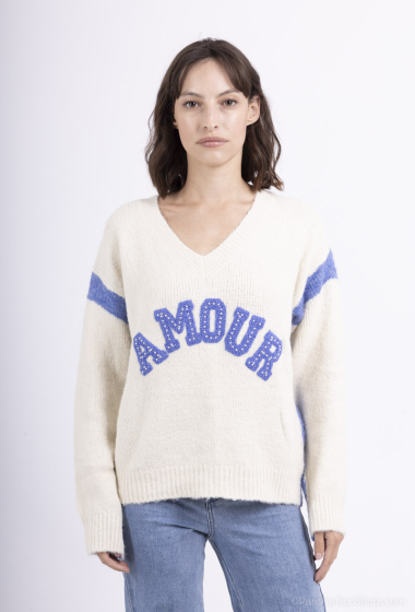 Grossiste MOZZAAR FOREVER - Pull laine touche mohair, col v,  amour perle