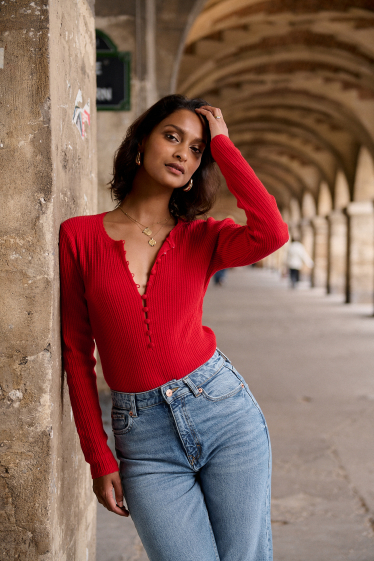 Grossiste NATHAEL - Maille en laine et coton avec patte de boutonnage