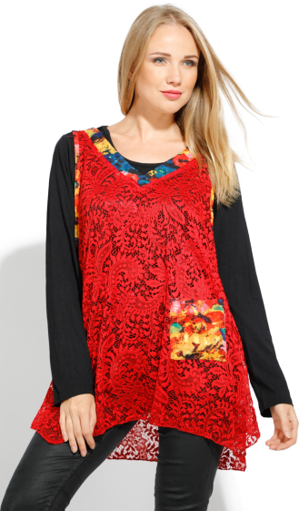 Grossiste Pomme Rouge Paris - Ensemble sous pull + top dentelle rouge (A622)