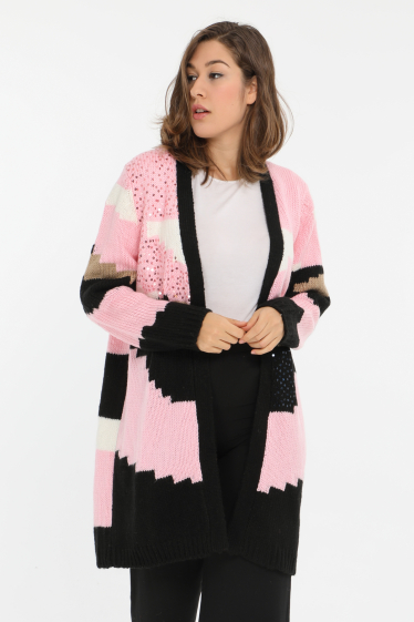 Grossiste Pomme Rouge Paris - Gilet colorblock rose avec séquins (JX080)