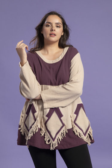 Grossiste Pomme Rouge Paris - Pull effet déchiré beige et violet (A815)