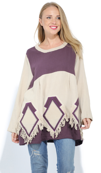 Grossiste Pomme Rouge Paris - Pull effet déchiré beige et violet (A815)