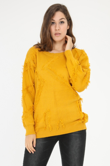 Grossiste Pomme Rouge Paris - Pull jaune effet déchiré (JX091)