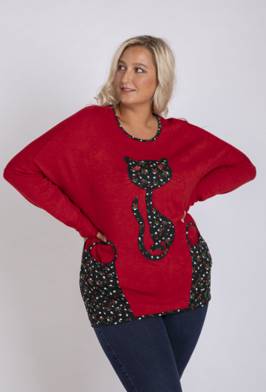 Wholesaler Pomme Rouge Paris - Red cat pattern sweater (A631)