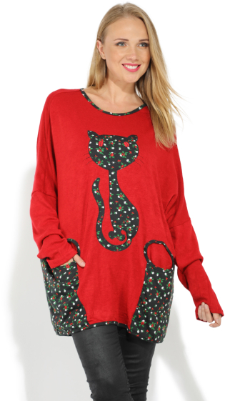 Wholesaler Pomme Rouge Paris - Red cat pattern sweater (A631)