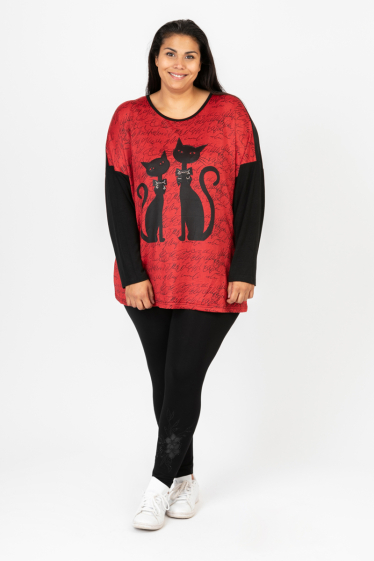 Grossiste Pomme Rouge Paris - Pull rouge motif chat (CA6610)