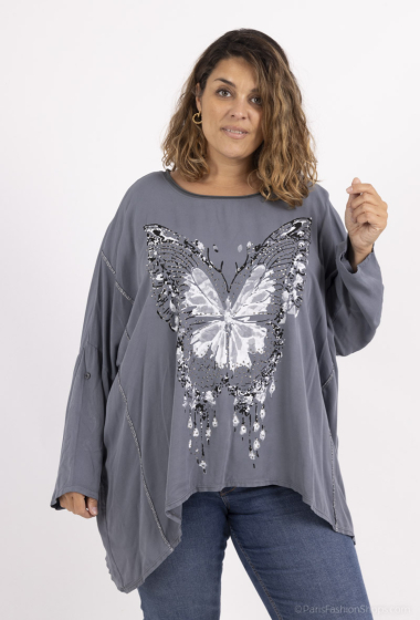 Grossiste Pomme Rouge Paris - Top gris motif papillon (T2870)