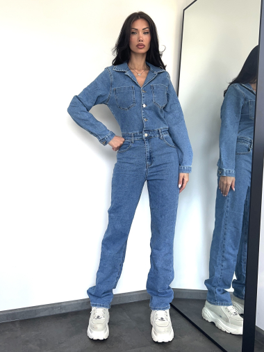 Wholesaler Redial - Long sleeve blue denim jumpsuit