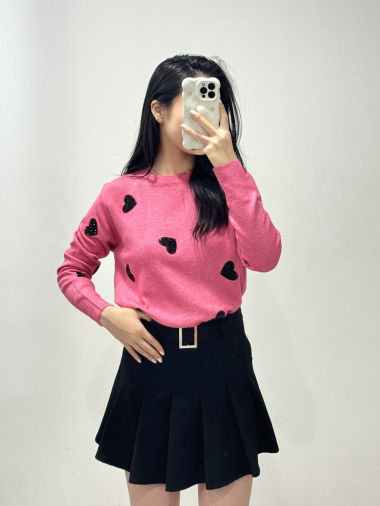 Wholesaler Rosy Days - Knitted sweater with rhinestone heart pattern