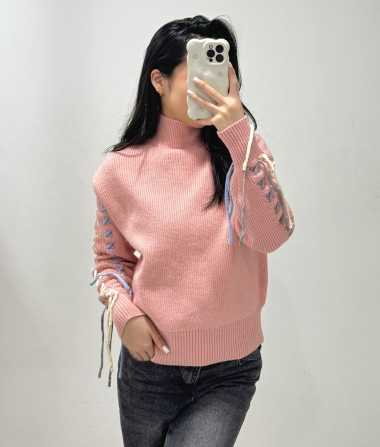 Wholesaler Rosy Days - Knitted sweater with lacing on the sleeves