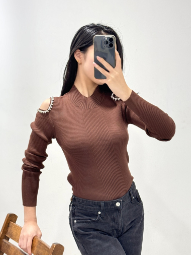 Wholesaler Rosy Days - Off-the-shoulder knit sweater with rhinestones